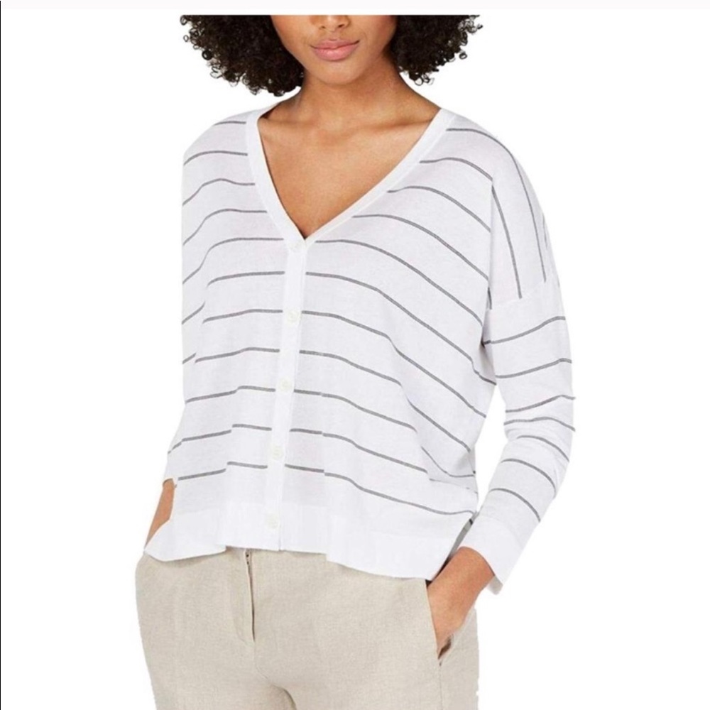 Eileen Fisher Striped V-Neck Boxy Cardigan.
